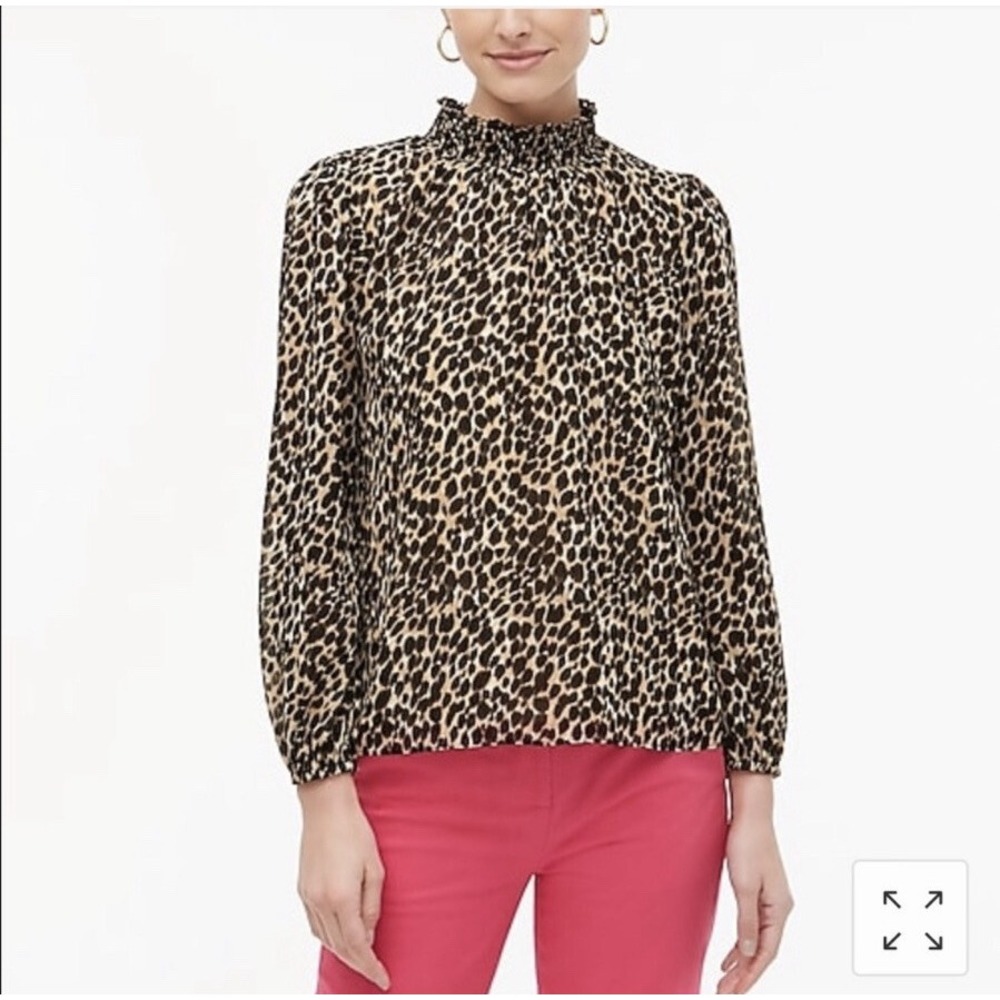 J.Crew Leopard Print Smocked Mock Neck Long Sleeve Blouse Top‎ - Size S